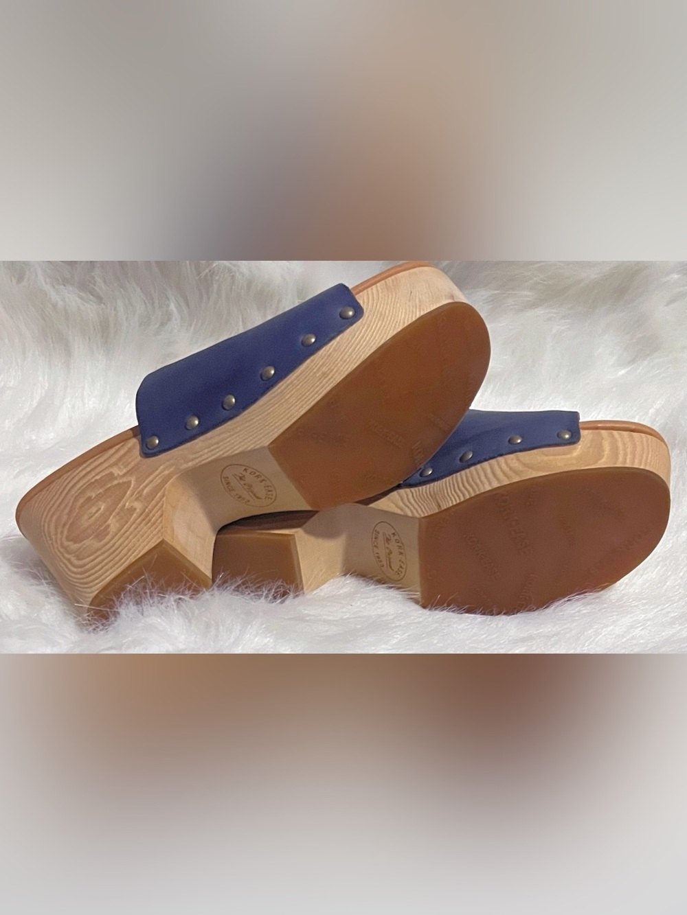 Kork-Ease NWOT Waone Leather Wood Wedge Platform Sandal Size 9 Blue/Grey - Picture 6 of 10